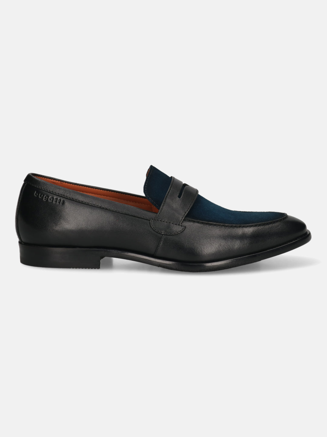Black leather penny loafer by bugatti featuring navy suede vamp and contrast orange lining, in a side view.