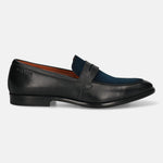Black leather penny loafer by bugatti featuring navy suede vamp and contrast orange lining, in a side view.