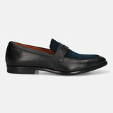 Black leather penny loafer by bugatti featuring navy suede vamp and contrast orange lining, in a side view.