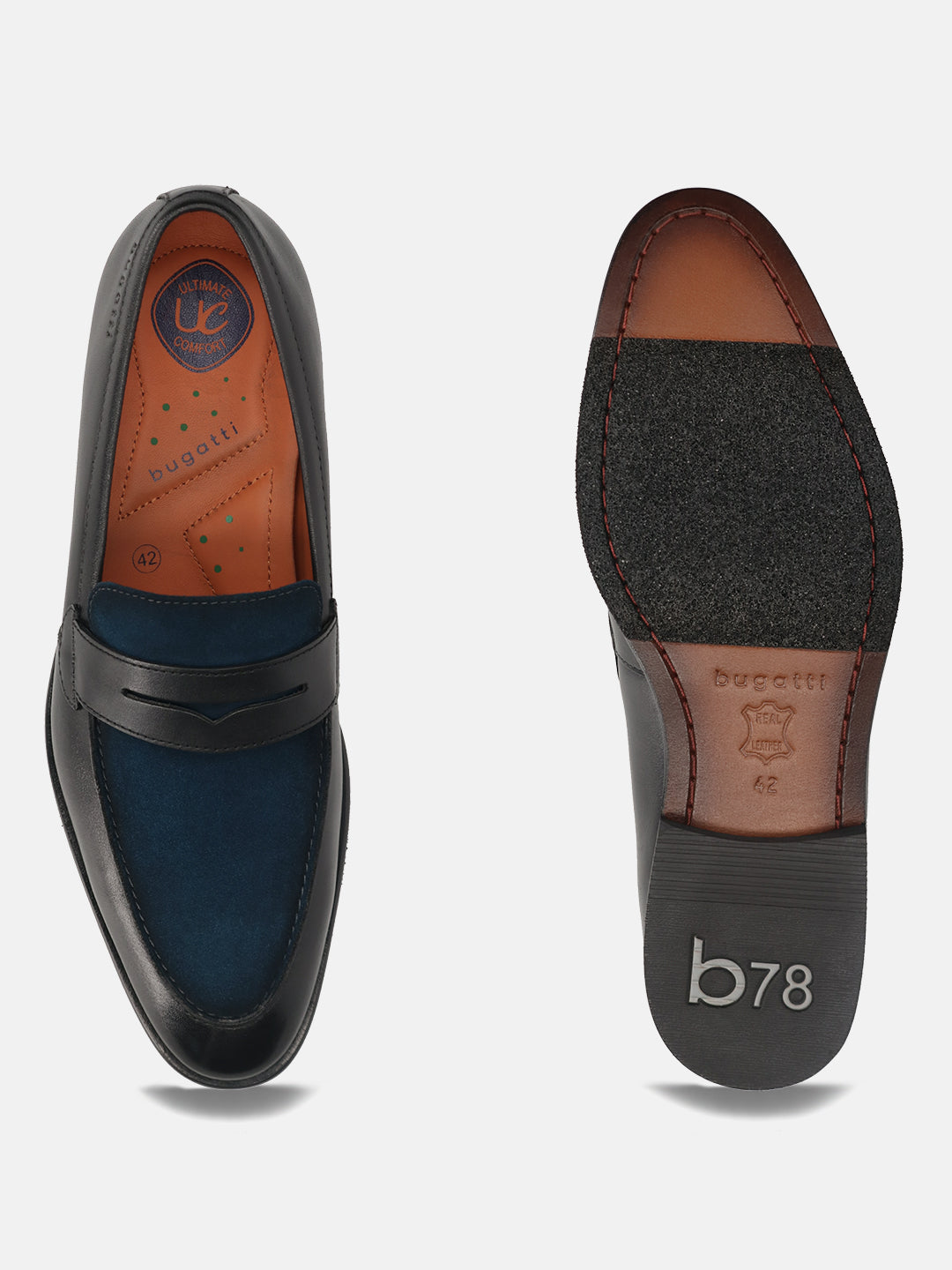 Black leather loafers by bugatti, featuring a suede vamp and rubber sole.