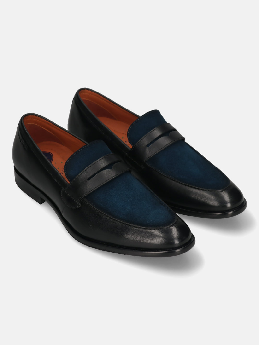 Black leather and suede penny loafers by bugatti, featuring a dark blue suede vamp and brown lining.
