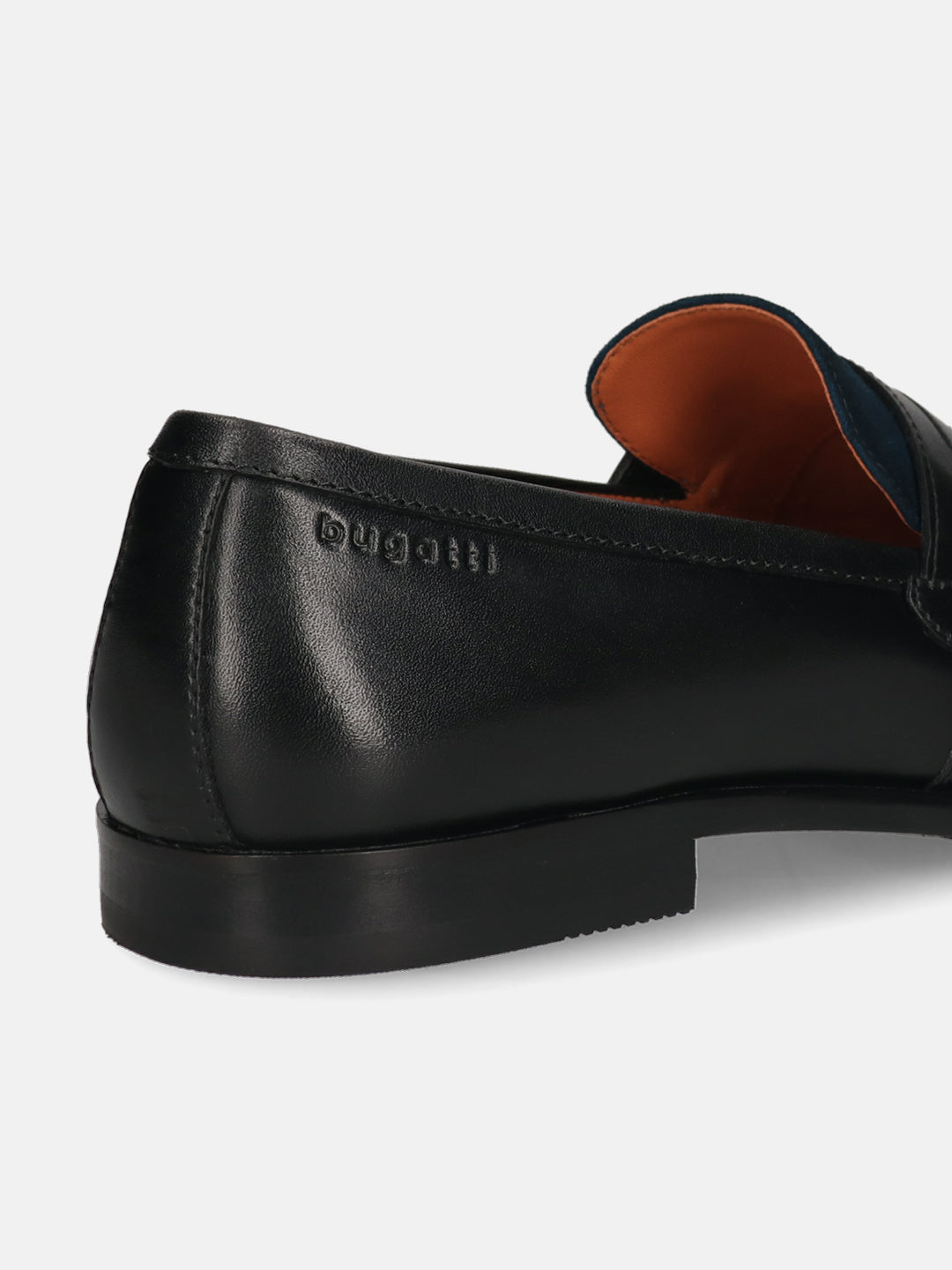 Black leather loafer by bugatti, showing the heel and partial side view, with blue and orange interior details.