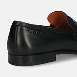 Black leather loafer by bugatti, showing the heel and partial side view, with blue and orange interior details.