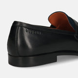 Black leather loafer by bugatti, showing the heel and partial side view, with blue and orange interior details.