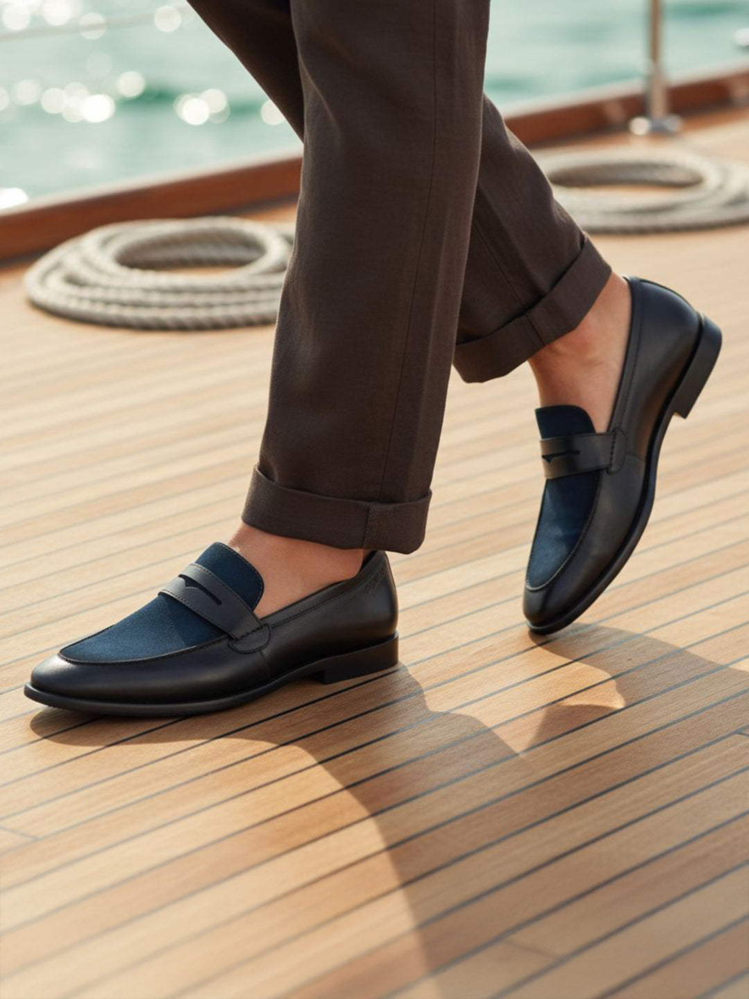 bugatti Rico black premium leather comfort penny loafers with blue accent on a boat deck.