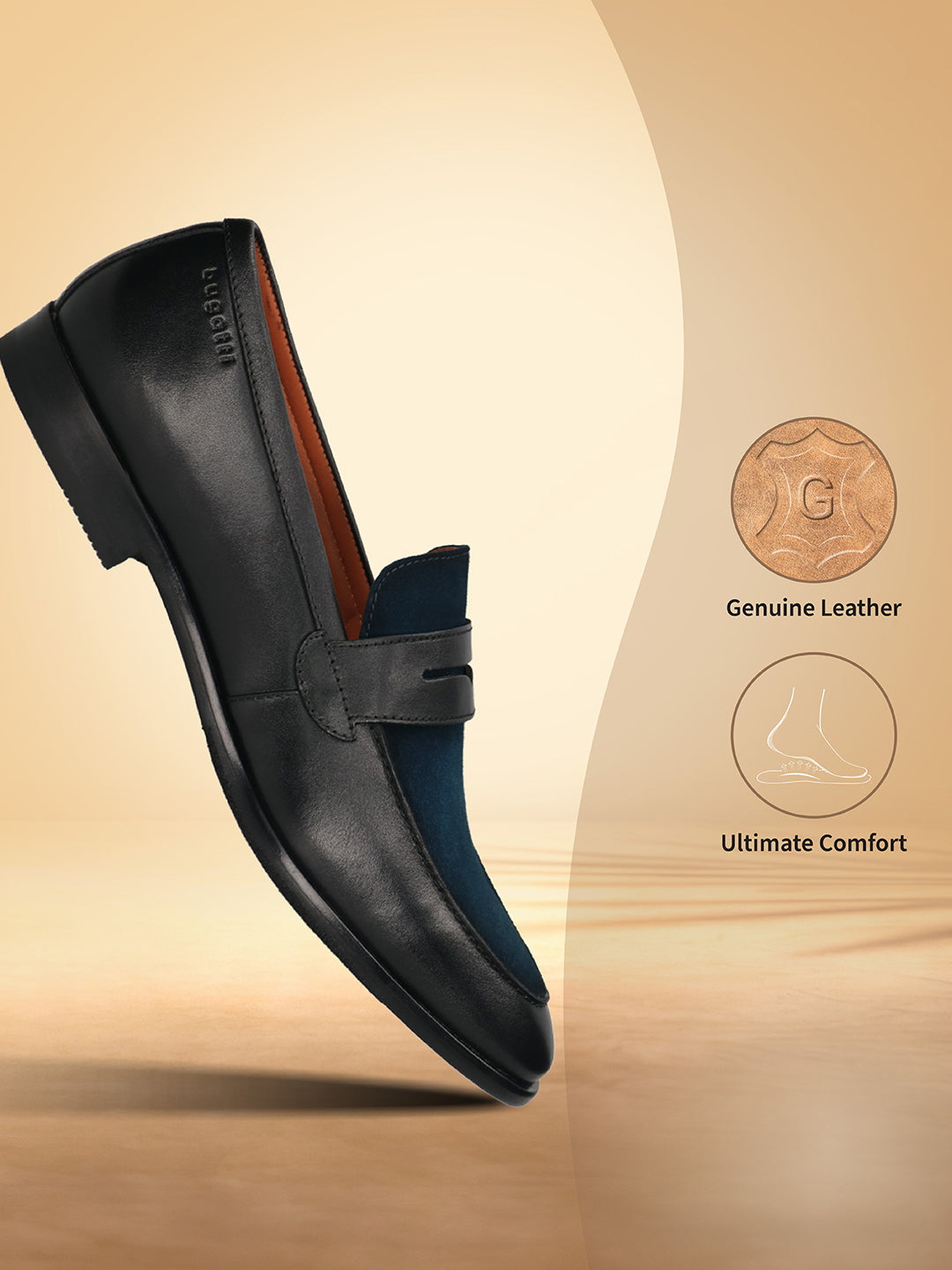 Black leather comfort penny loafers by Bugatti, shown in a studio shot with a light brown background.