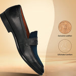 Black leather comfort penny loafers by Bugatti, shown in a studio shot with a light brown background.