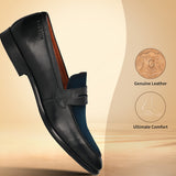 Black leather comfort penny loafers by Bugatti, shown in a studio shot with a light brown background.