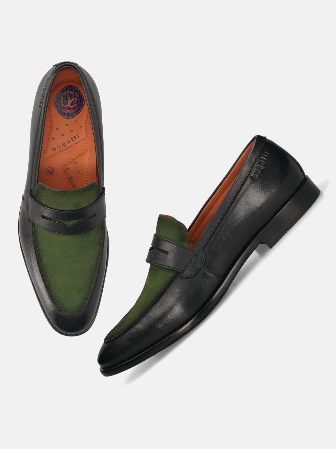 Black leather comfort penny loafers by bugatti, with green suede vamp and the brand logo on the side.