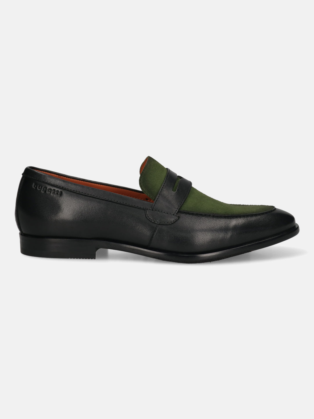 Black leather penny loafer by bugatti with a green suede saddle and cap toe, in a side view.