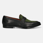 Black leather penny loafer by bugatti with a green suede saddle and cap toe, in a side view.