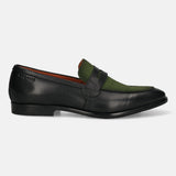 Black leather penny loafer by bugatti with a green suede saddle and cap toe, in a side view.