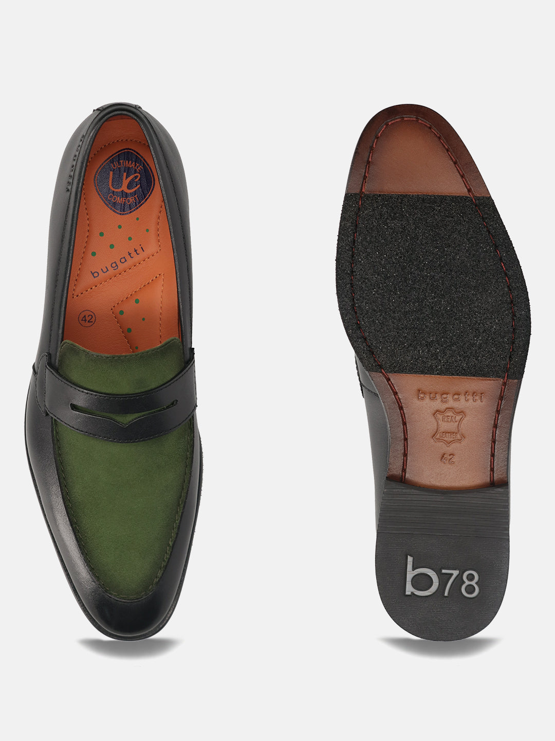 Black leather loafer by bugatti, featuring a dark green suede vamp and a comfortable sole.