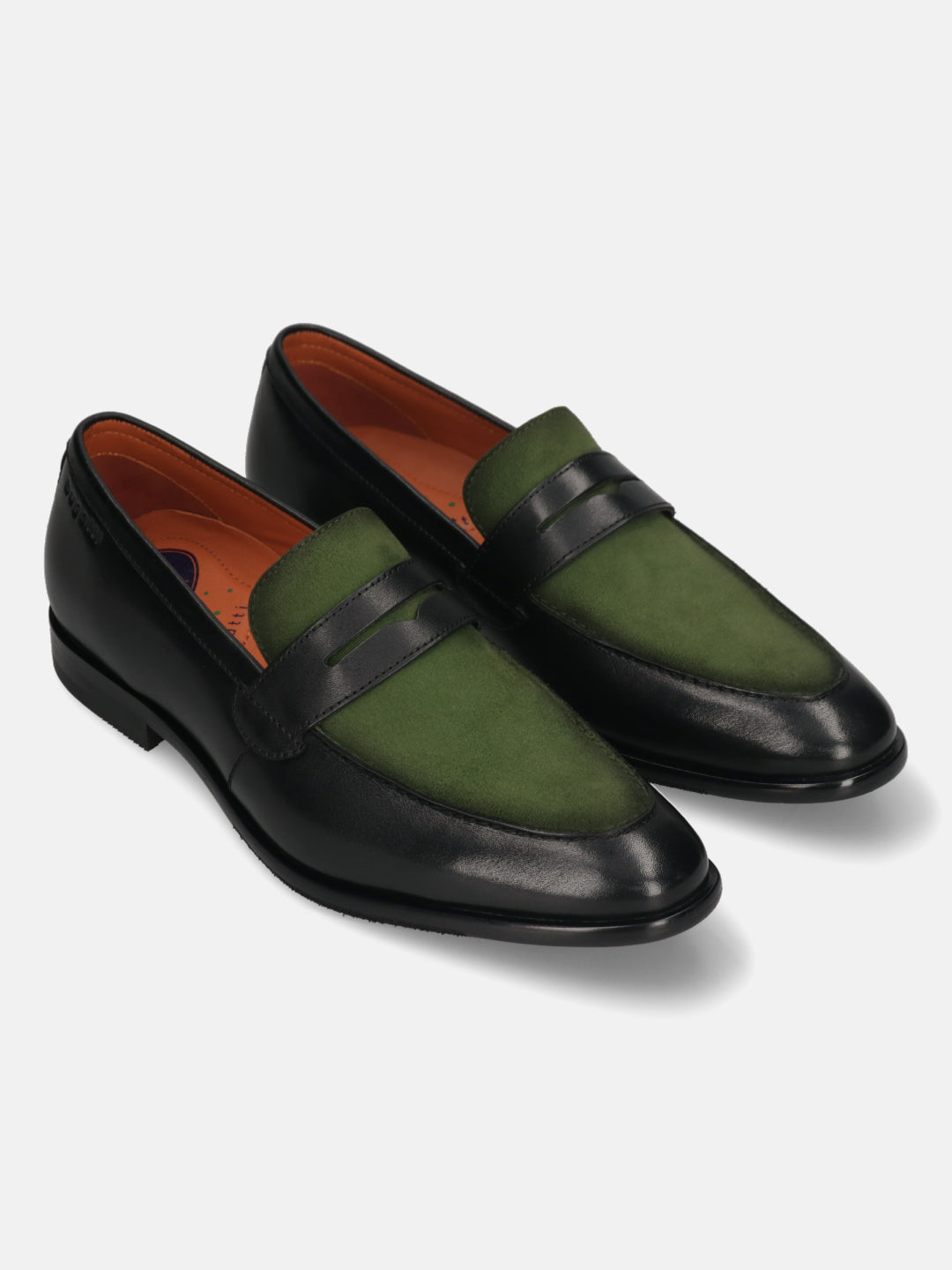 Black premium leather penny loafers by bugatti, with green suede vamp and brown lining.