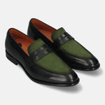 Black premium leather penny loafers by bugatti, with green suede vamp and brown lining.