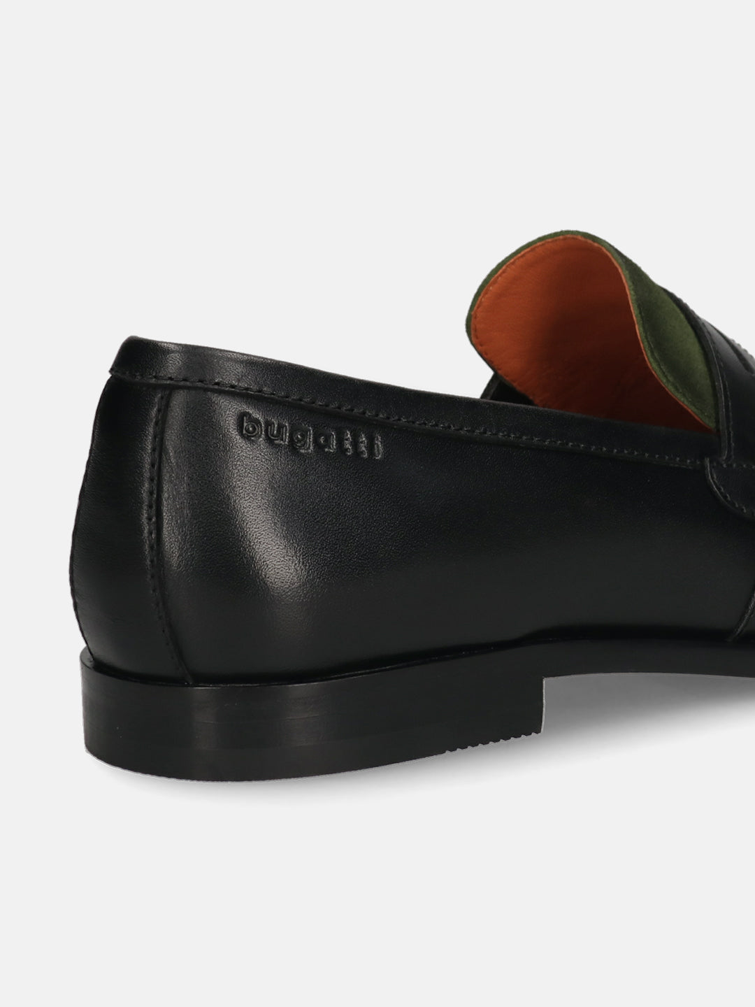 Black leather penny loafer by bugatti, showing the heel and green and orange lining.