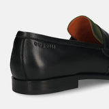 Black leather penny loafer by bugatti, showing the heel and green and orange lining.