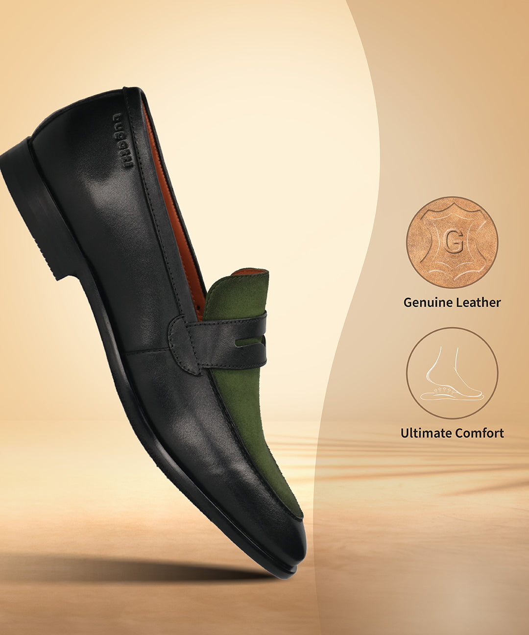Black leather penny loafer by bugatti with green suede vamp, displayed at an angle.