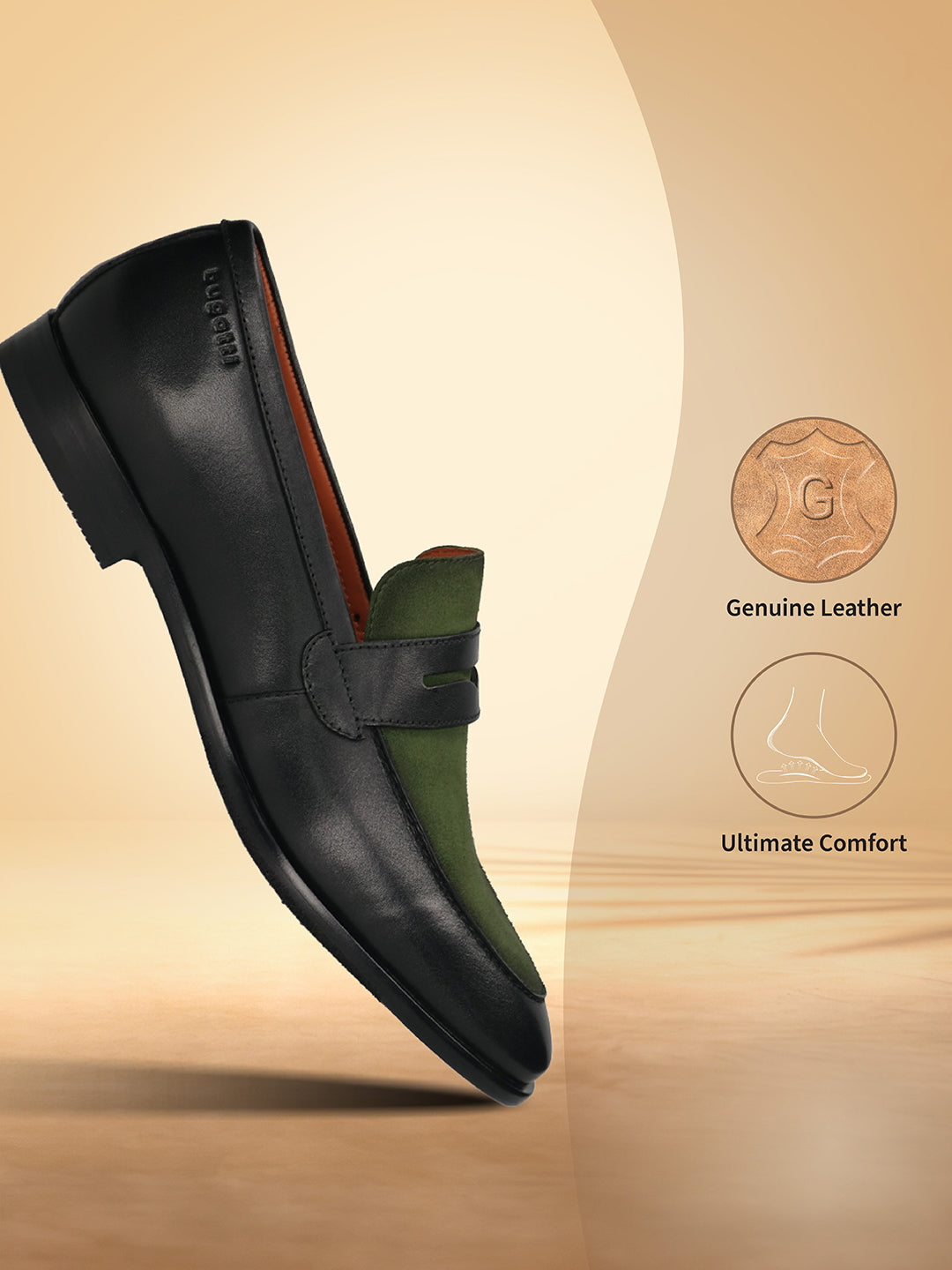 Black leather penny loafer by bugatti with green suede vamp, displayed at an angle.