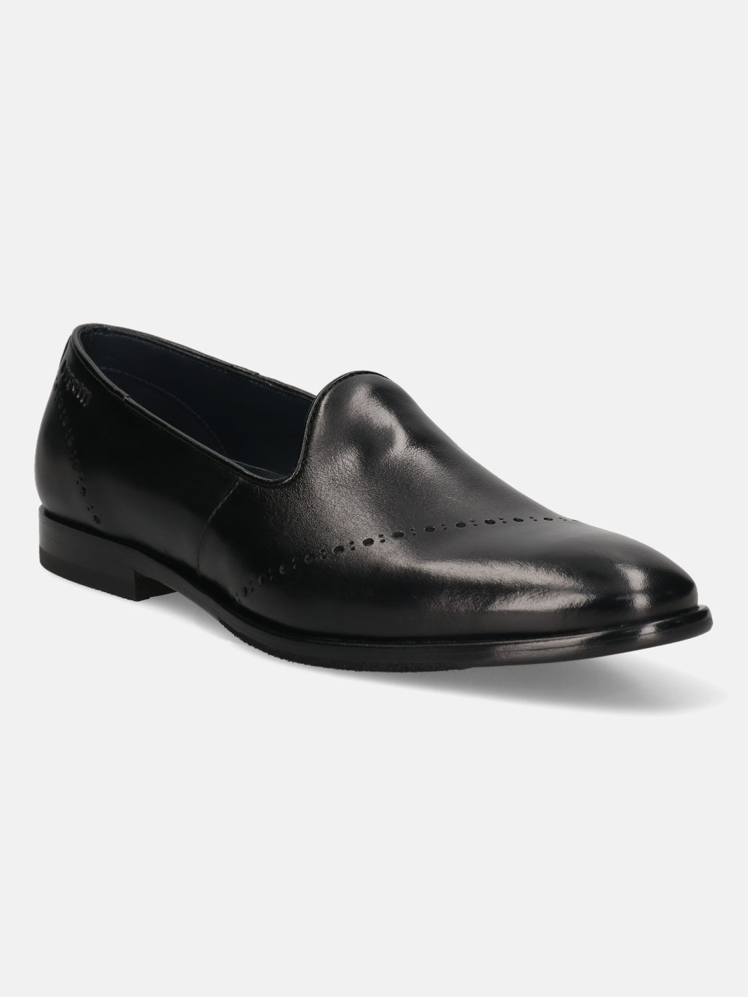 A black Men's bugatti Venetian Loafers featuring a round toe plain toe, stacked heel. Made from premium genuine leather with a durable leather outsole, this slip-on design offers both style and comfort.
