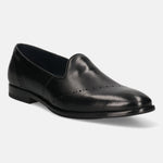 A black Men's bugatti Venetian Loafers featuring a round toe plain toe, stacked heel. Made from premium genuine leather with a durable leather outsole, this slip-on design offers both style and comfort.
