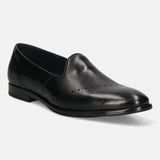A black Men's bugatti Venetian Loafers featuring a round toe plain toe, stacked heel. Made from premium genuine leather with a durable leather outsole, this slip-on design offers both style and comfort.