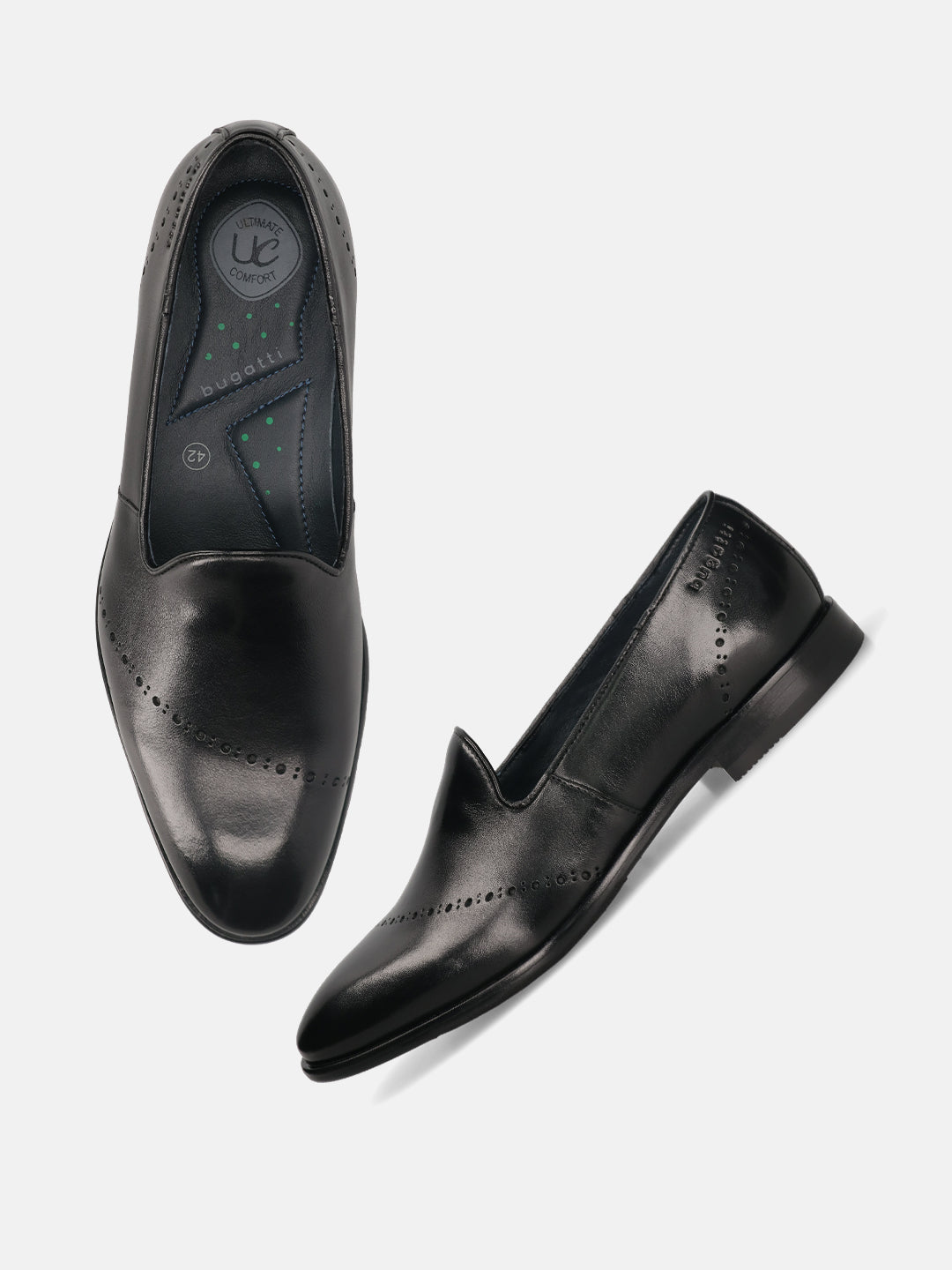 A black Men's bugatti Venetian Loafers featuring a round toe plain toe, stacked heel. Made from premium genuine leather with a durable leather outsole, this slip-on design offers both style and comfort.