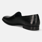 A black Men's bugatti Venetian Loafers featuring a round toe plain toe, stacked heel. Made from premium genuine leather with a durable leather outsole, this slip-on design offers both style and comfort.