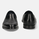 A black Men's bugatti Venetian Loafers featuring a round toe plain toe, stacked heel. Made from premium genuine leather with a durable leather outsole, this slip-on design offers both style and comfort.