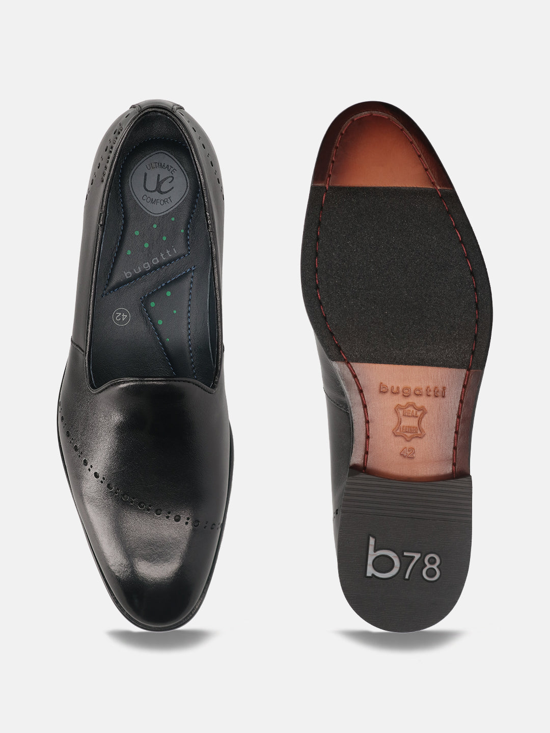 A black Men's bugatti Venetian Loafers featuring a round toe plain toe, stacked heel. Made from premium genuine leather with a durable leather outsole, this slip-on design offers both style and comfort.