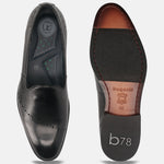 A black Men's bugatti Venetian Loafers featuring a round toe plain toe, stacked heel. Made from premium genuine leather with a durable leather outsole, this slip-on design offers both style and comfort.