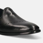 A black Men's bugatti Venetian Loafers featuring a round toe plain toe, stacked heel. Made from premium genuine leather with a durable leather outsole, this slip-on design offers both style and comfort.