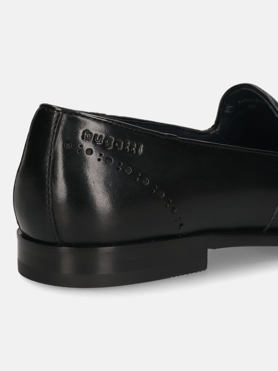 A black Men's bugatti Venetian Loafers featuring a round toe plain toe, stacked heel. Made from premium genuine leather with a durable leather outsole, this slip-on design offers both style and comfort.