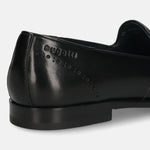 A black Men's bugatti Venetian Loafers featuring a round toe plain toe, stacked heel. Made from premium genuine leather with a durable leather outsole, this slip-on design offers both style and comfort.