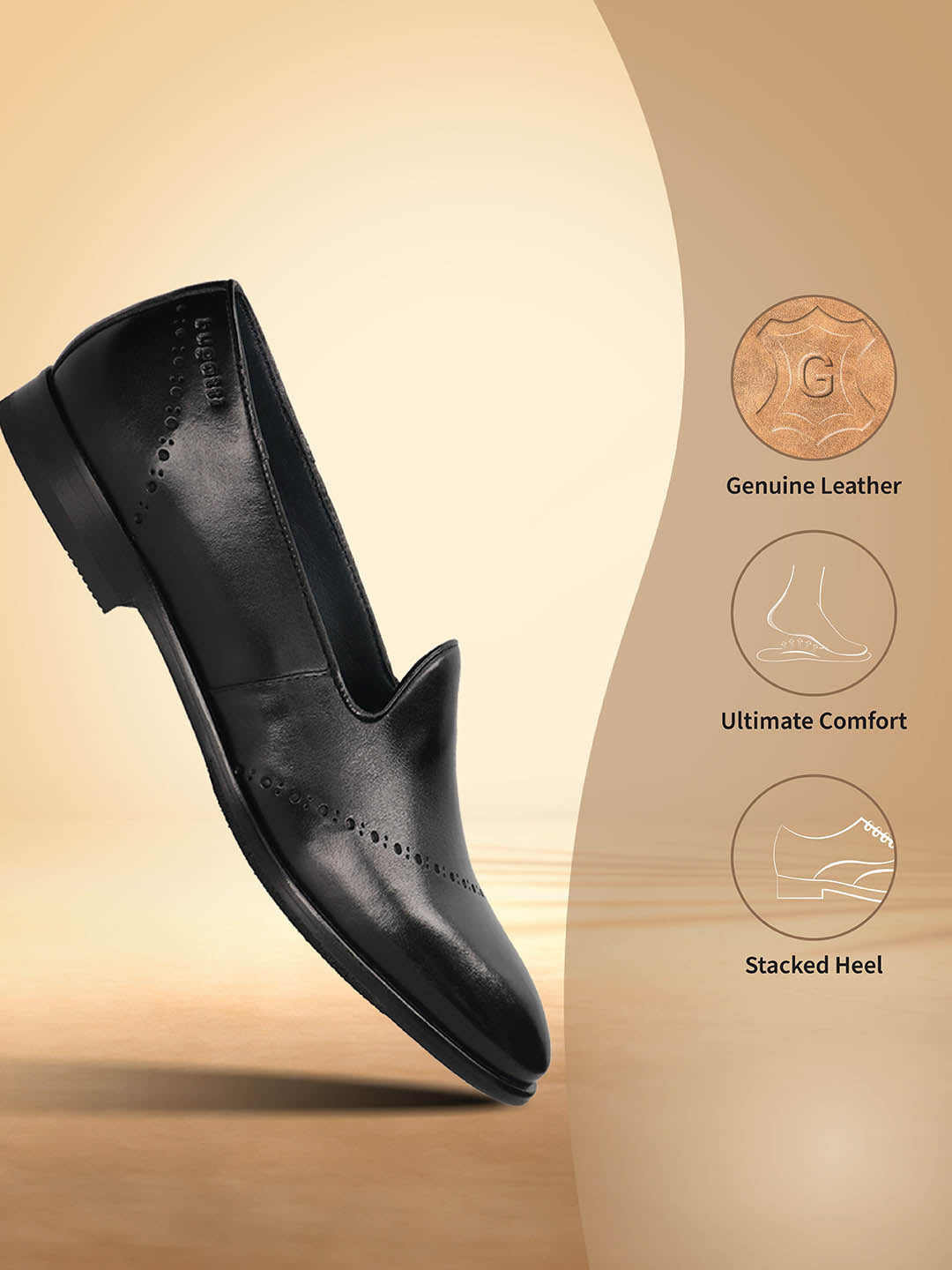 A black Men's bugatti Venetian Loafers featuring a round toe plain toe, stacked heel. Made from premium genuine leather with a durable leather outsole, this slip-on design offers both style and comfort.