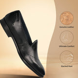 A black Men's bugatti Venetian Loafers featuring a round toe plain toe, stacked heel. Made from premium genuine leather with a durable leather outsole, this slip-on design offers both style and comfort.
