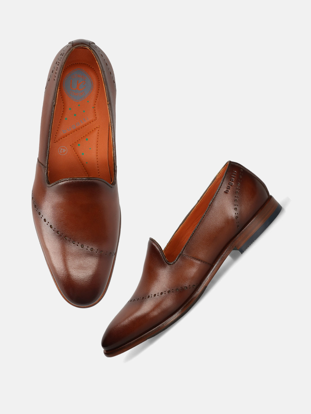 A cognac Men's bugatti Venetian Loafers featuring a round toe plain toe, stacked heel. Made from premium genuine leather with a durable leather outsole, this slip-on design offers both style and comfort.