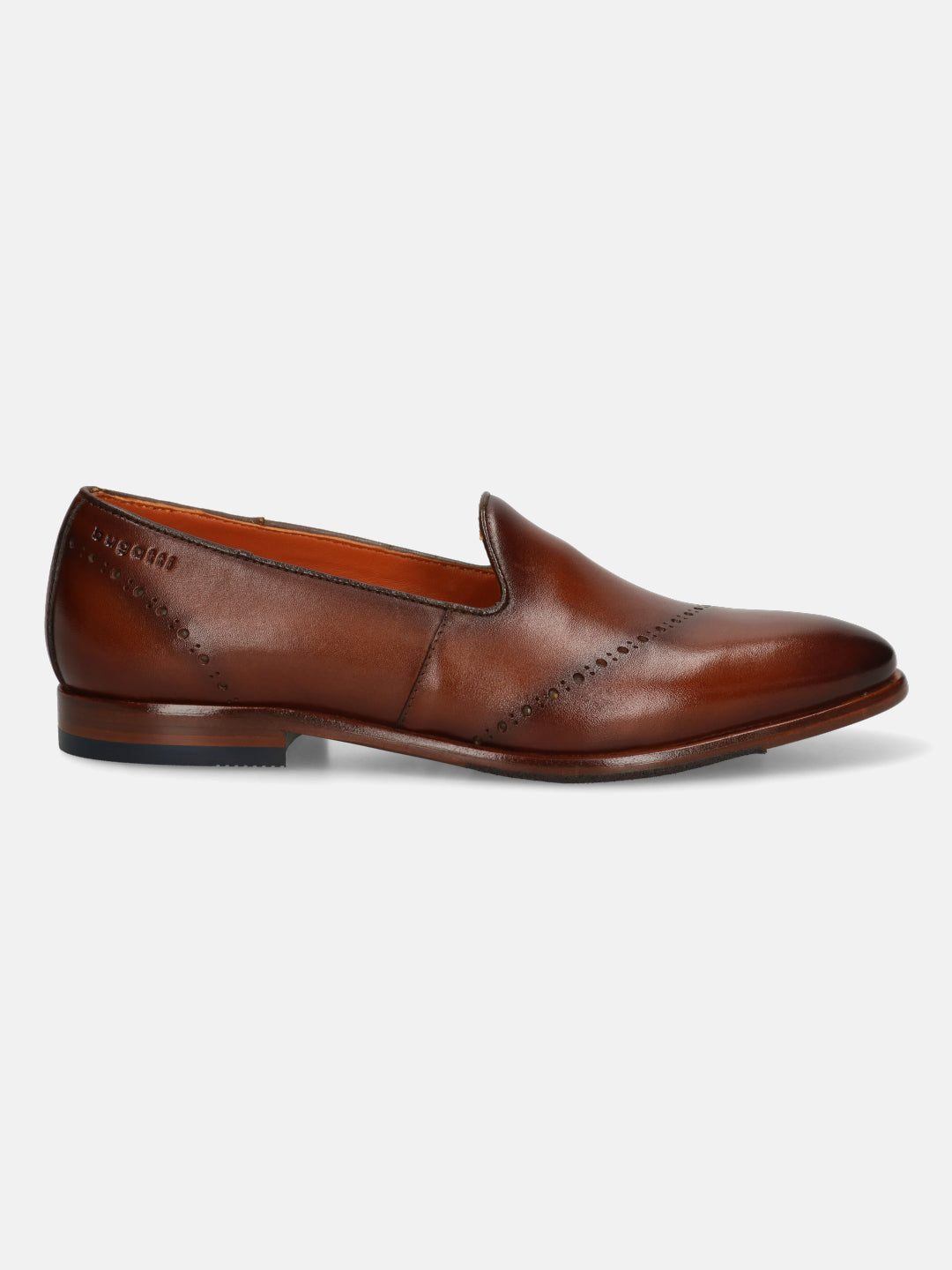 A cognac Men's bugatti Venetian Loafers featuring a round toe plain toe, stacked heel. Made from premium genuine leather with a durable leather outsole, this slip-on design offers both style and comfort.