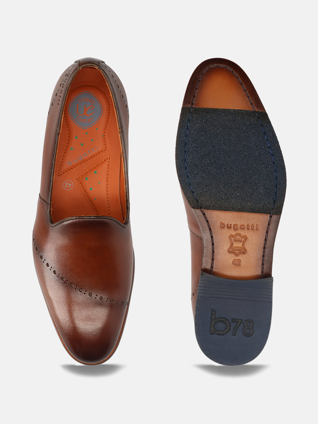 A cognac Men's bugatti Venetian Loafers featuring a round toe plain toe, stacked heel. Made from premium genuine leather with a durable leather outsole, this slip-on design offers both style and comfort.