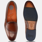 A cognac Men's bugatti Venetian Loafers featuring a round toe plain toe, stacked heel. Made from premium genuine leather with a durable leather outsole, this slip-on design offers both style and comfort.