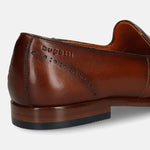 A cognac Men's bugatti Venetian Loafers featuring a round toe plain toe, stacked heel. Made from premium genuine leather with a durable leather outsole, this slip-on design offers both style and comfort.