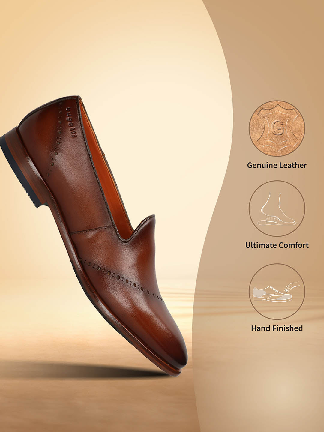A cognac Men's bugatti Venetian Loafers featuring a round toe plain toe, stacked heel. Made from premium genuine leather with a durable leather outsole, this slip-on design offers both style and comfort.