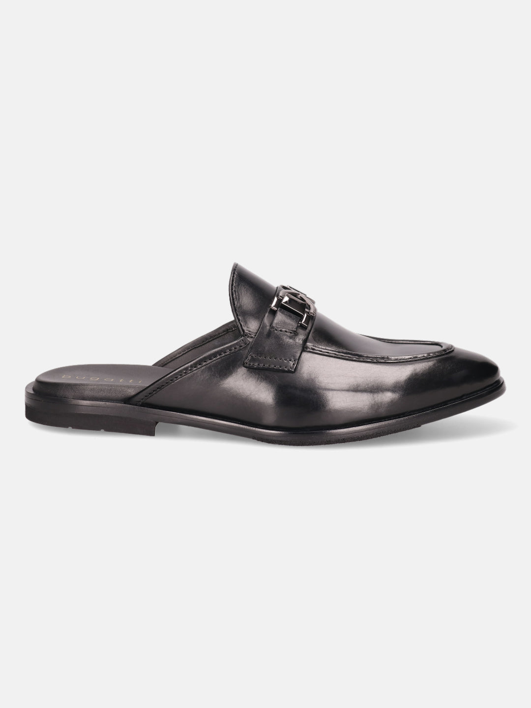 Black leather slip-on shoe by bugatti with a silver buckle and a sleek, formal design.