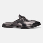 Black leather slip-on shoe by bugatti with a silver buckle and a sleek, formal design.