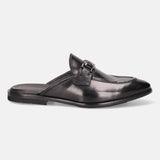 Black leather slip-on shoe by bugatti with a silver buckle and a sleek, formal design.