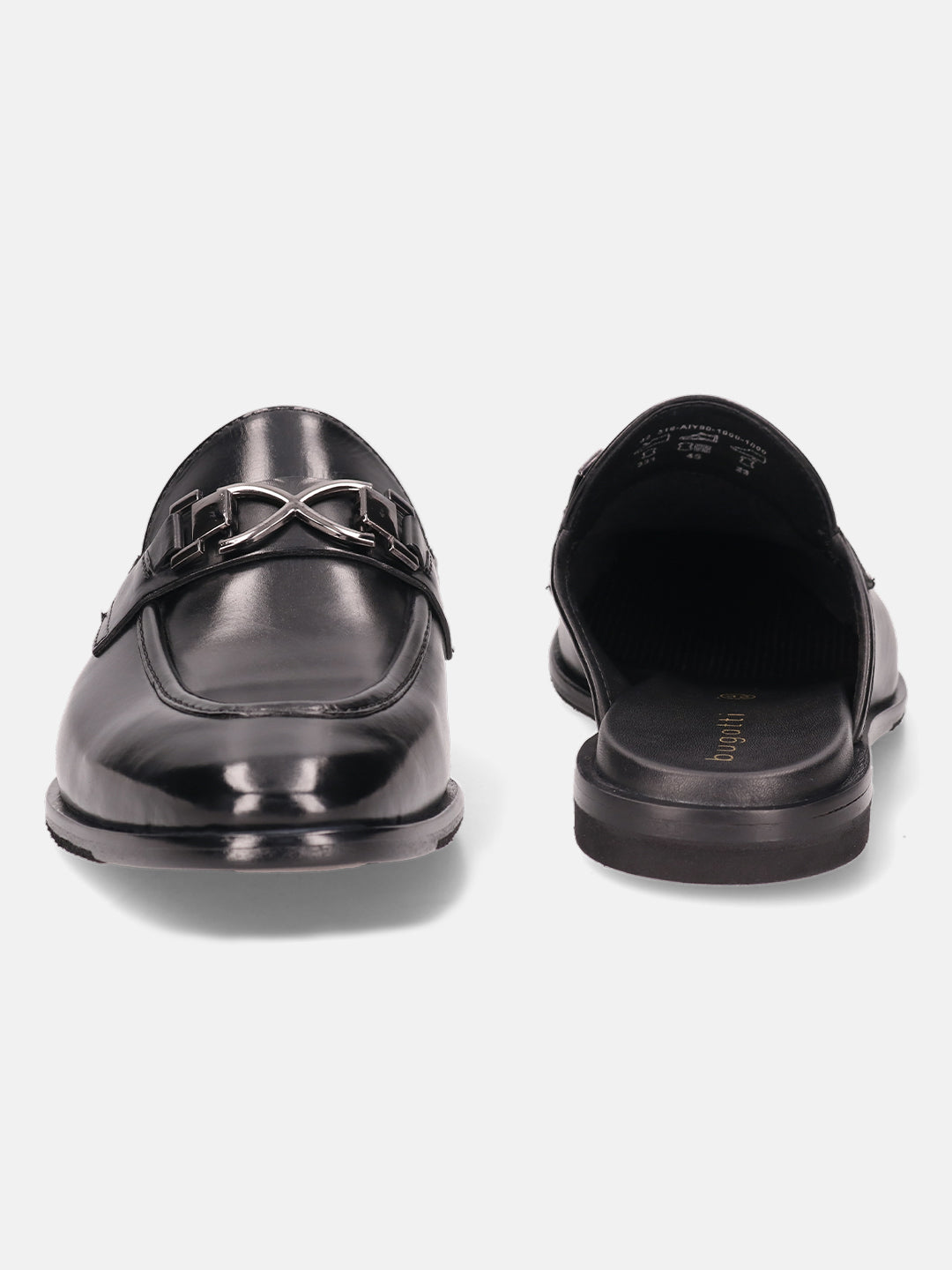 Black leather slip-on shoe by bugatti with a metallic decorative element on a white background.