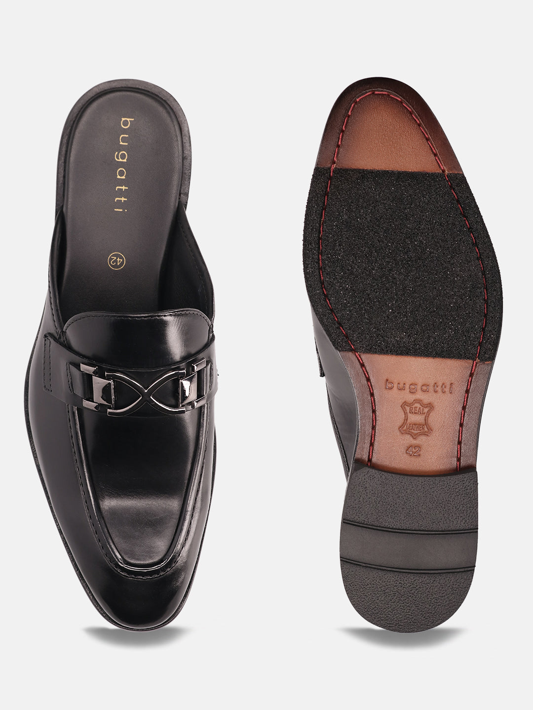Black leather slip-on formal shoes by bugatti with a metal accent and a leather sole.