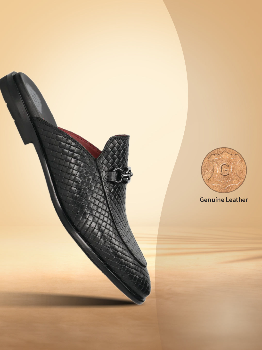 A black Men's bugatti Mules featuring a round toe apron toe, stacked heel. Made from premium genuine leather with a durable leather outsole, this slip-on design offers both style and comfort.