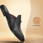 A black Men's bugatti Mules featuring a round toe apron toe, stacked heel. Made from premium genuine leather with a durable leather outsole, this slip-on design offers both style and comfort.