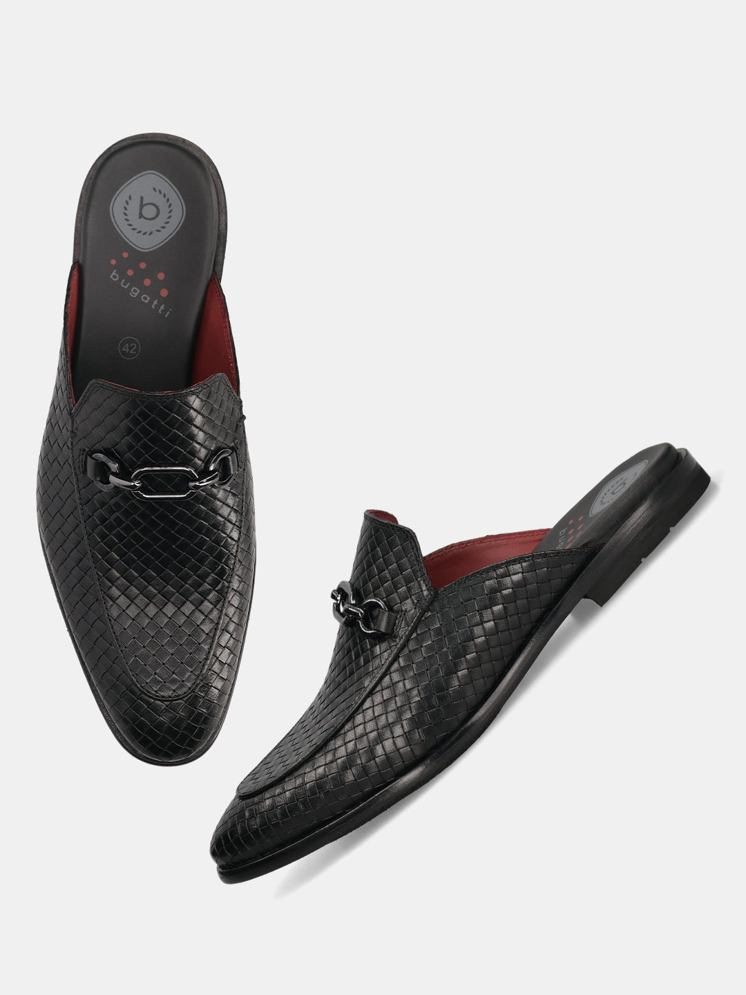 A black Men's bugatti Mules featuring a round toe apron toe, stacked heel. Made from premium genuine leather with a durable leather outsole, this slip-on design offers both style and comfort.